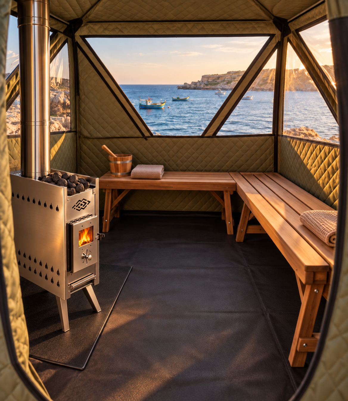 Suna Mobile Sauna Interior with Wood-Burning Stove and Ocean View