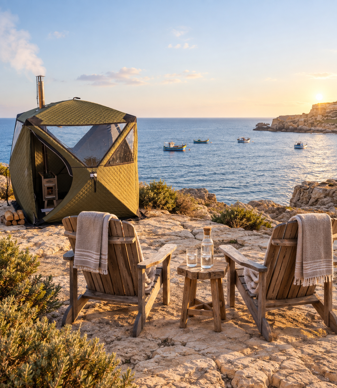 Suna Gozo Wood-Fired Mobile Sauna overlooking the Mediterranean coast